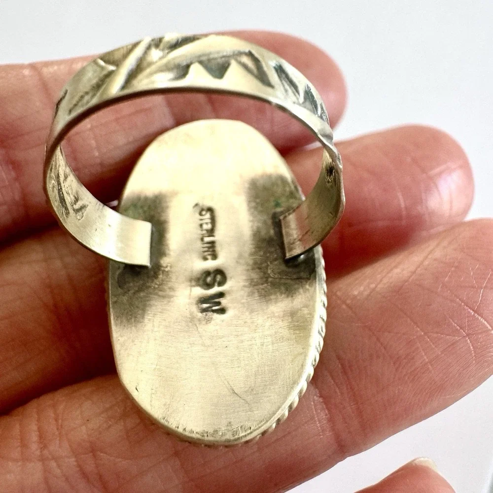 Navajo Orange Spiny Oyster Ring Sz 9 Flat Cab Sterling Signed‎ Selina Warner USA
